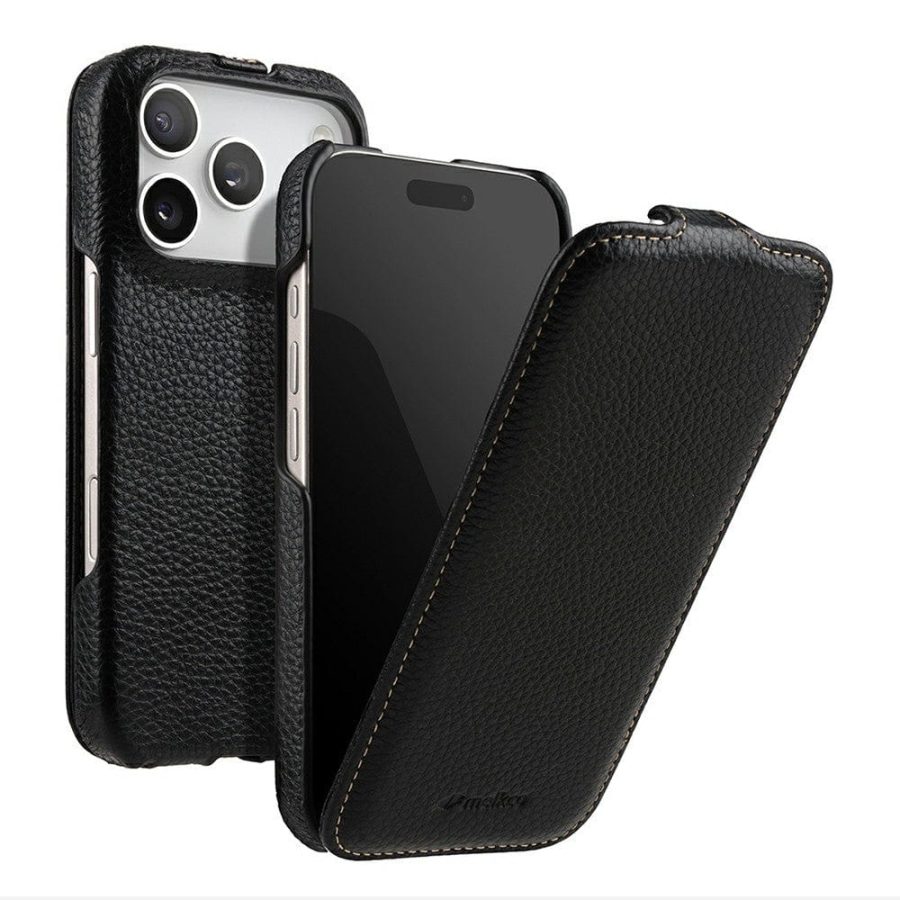 6601179800C-1 MELKCO For iPhone 17 Pro Max Flip Case Genuine Bovine Leather Cover | Compatible with MagSafe Black iPhone 17 Pro Max by The Case Factory