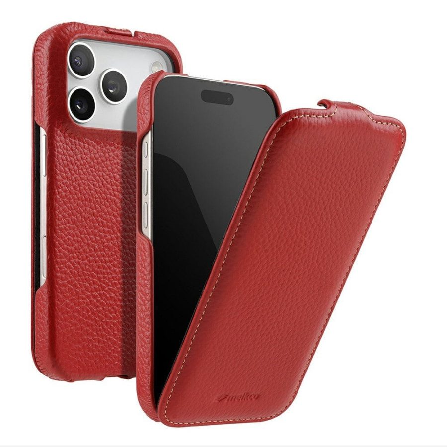 6601179800E-1 MELKCO For iPhone 17 Pro Max Flip Case Genuine Bovine Leather Cover | Compatible with MagSafe Red iPhone 17 Pro Max by The Case Factory