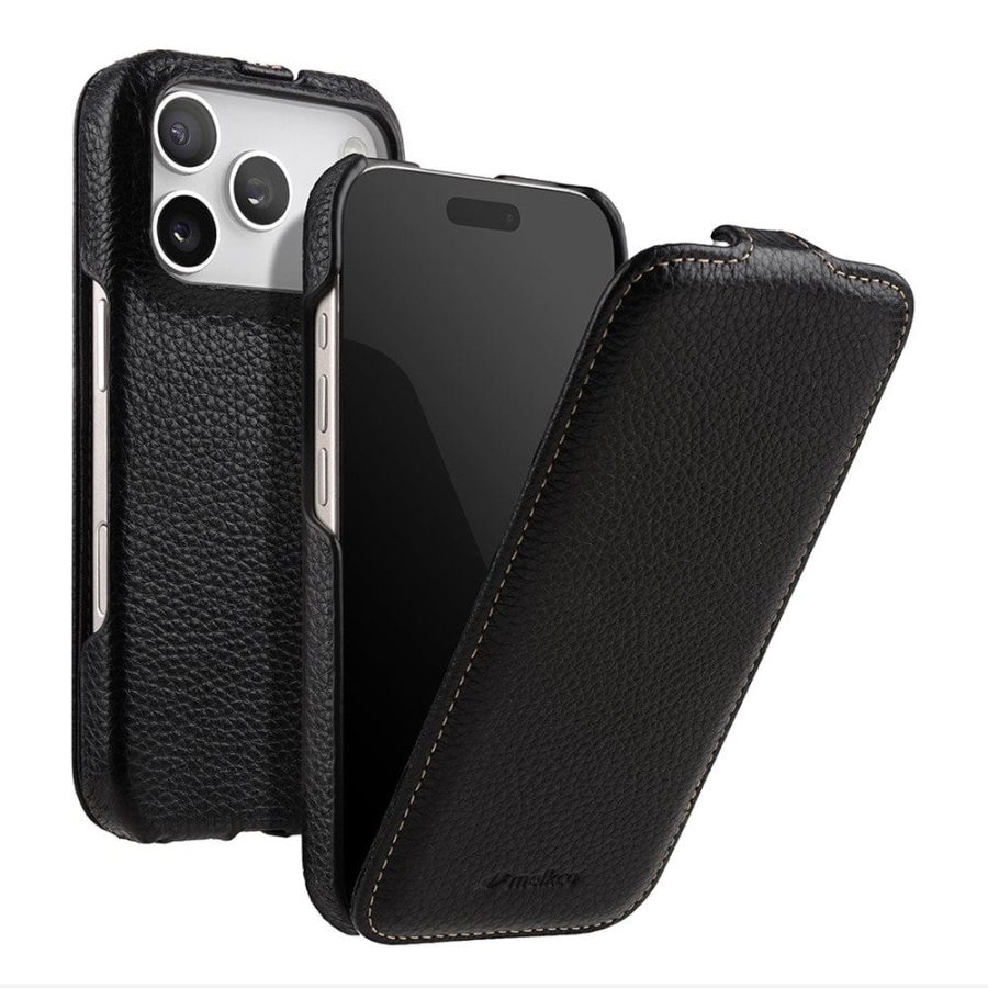 6601179802B-1 MELKCO For iPhone 17 Pro Flip Case Genuine Bovine Leather | Compatible with MagSafe Black iPhone 17 Pro by The Case Factory