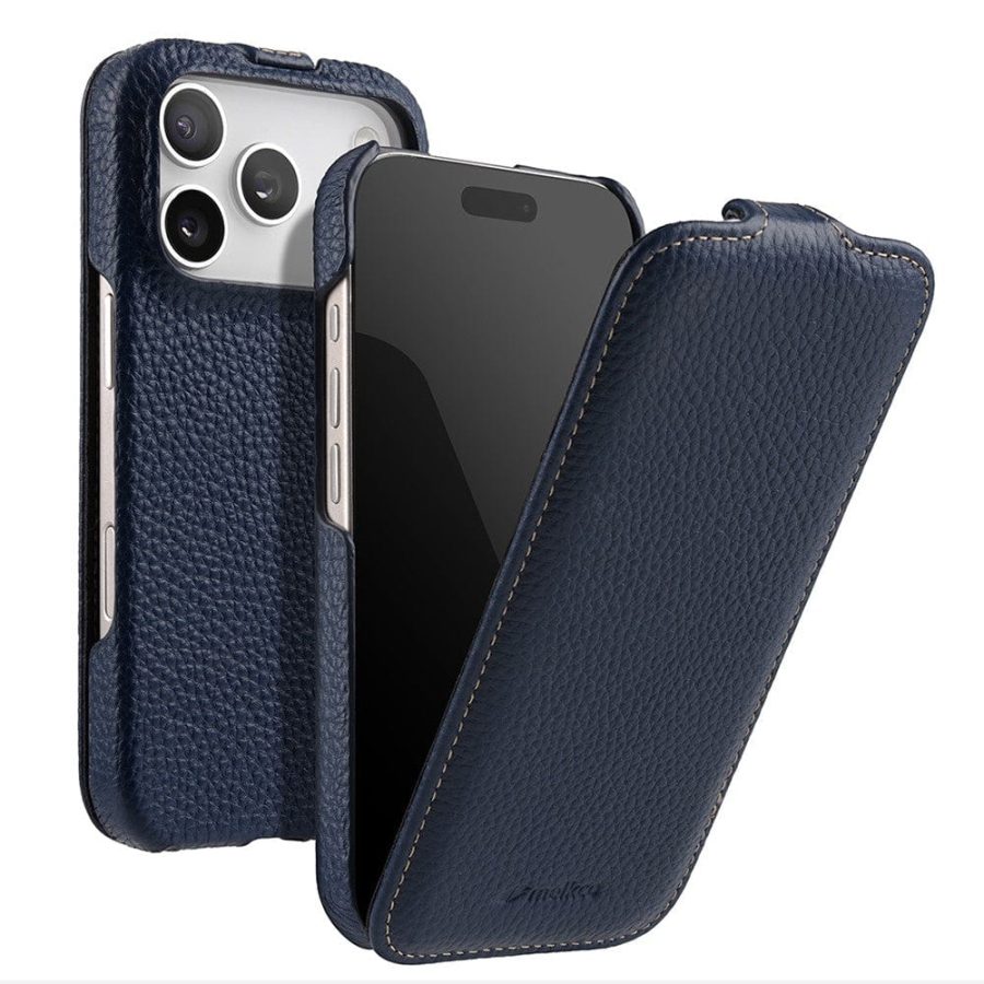6601179802C-1 MELKCO For iPhone 17 Pro Flip Case Genuine Bovine Leather | Compatible with MagSafe Blue iPhone 17 Pro by The Case Factory