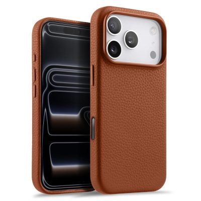 MELKCO For iPhone 17 Pro Max Magnetic Case Genuine Leather Phone Cover with Metal Keys  /  AI Button