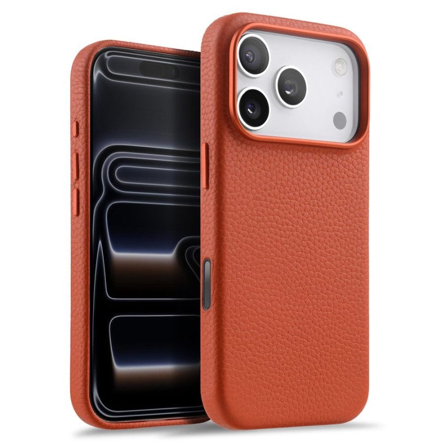 6601189569G-1 MELKCO For iPhone 17 Pro Max Magnetic Case Genuine Leather Phone Cover with Metal Keys / AI Button