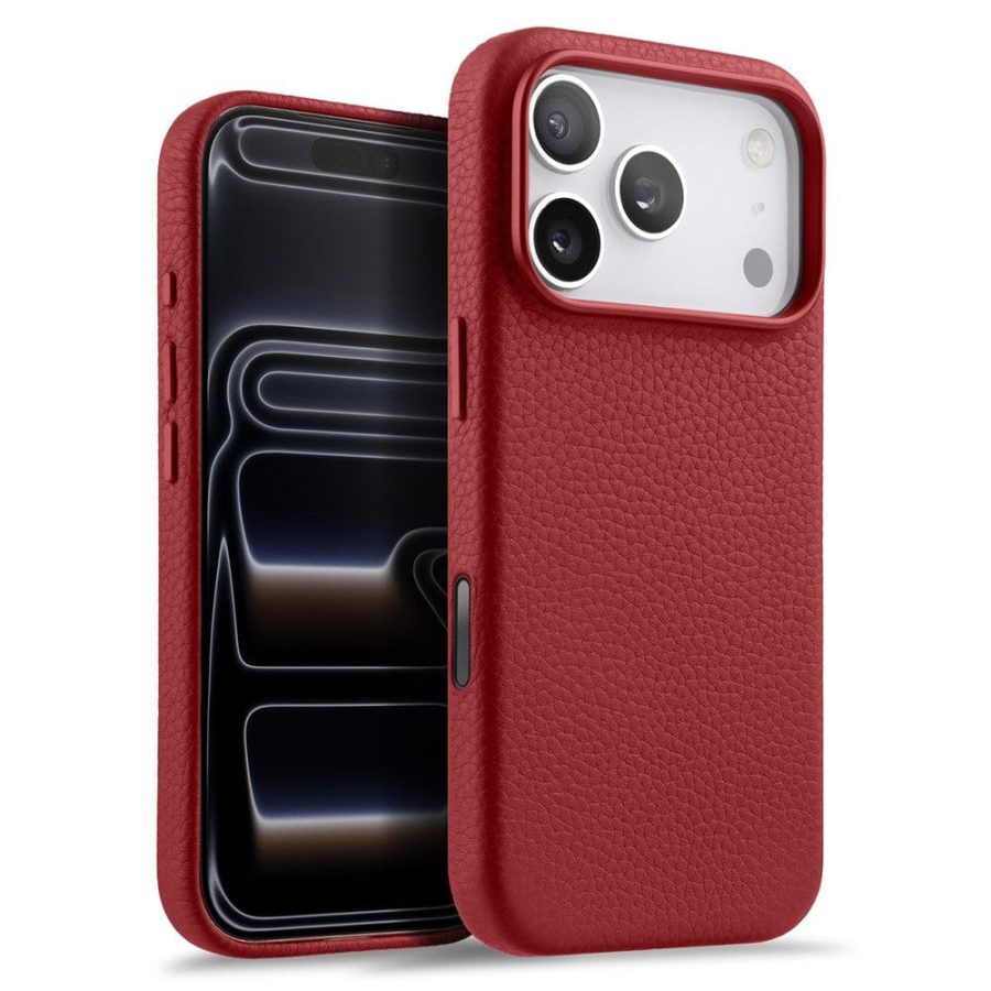 6601189569I-1 MELKCO For iPhone 17 Pro Max Magnetic Case Genuine Leather Phone Cover with Metal Keys / AI Button