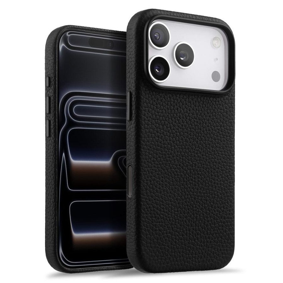 MELKCO For iPhone 17 Pro Magnetic Case Genuine Leather Phone Cover with Metal Keys  /  AI Button