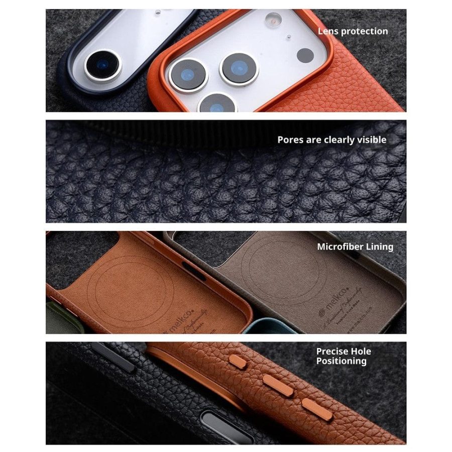 MELKCO For iPhone 17 Pro Magnetic Case Genuine Leather Phone Cover with Metal Keys  /  AI Button