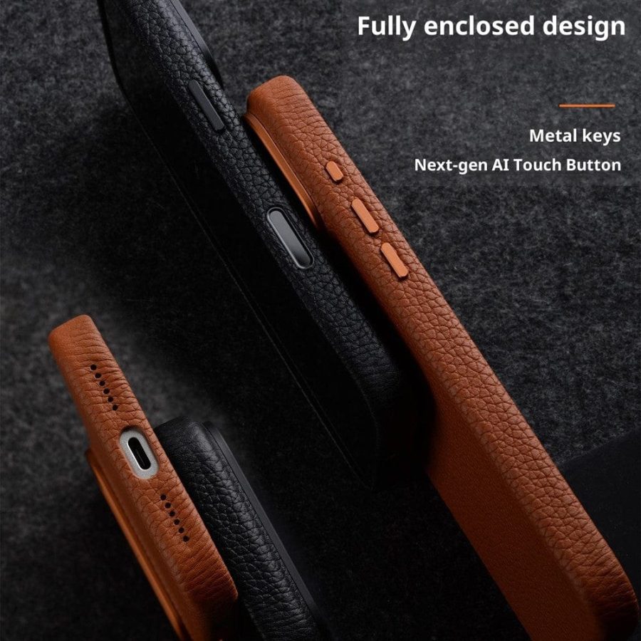 MELKCO For iPhone 17 Magnetic Case Genuine Leather Phone Cover with Metal Keys  /  AI Button