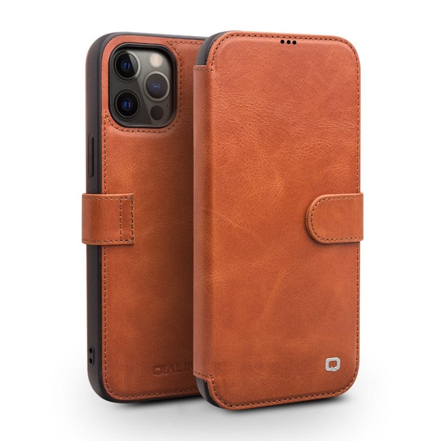 QIALINO For iPhone 12 Pro Max Cowhide Leather Case Wallet Stand Magnetic Clasp Phone Cover