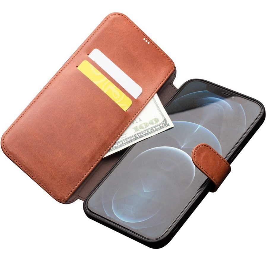 QIALINO For iPhone 12 Pro Max Cowhide Leather Case Wallet Stand Magnetic Clasp Phone Cover