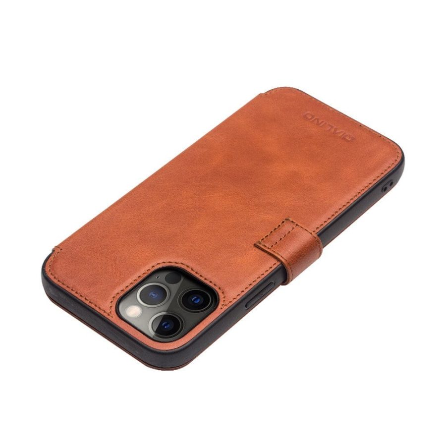 QIALINO For iPhone 12 Pro Max Cowhide Leather Case Wallet Stand Magnetic Clasp Phone Cover