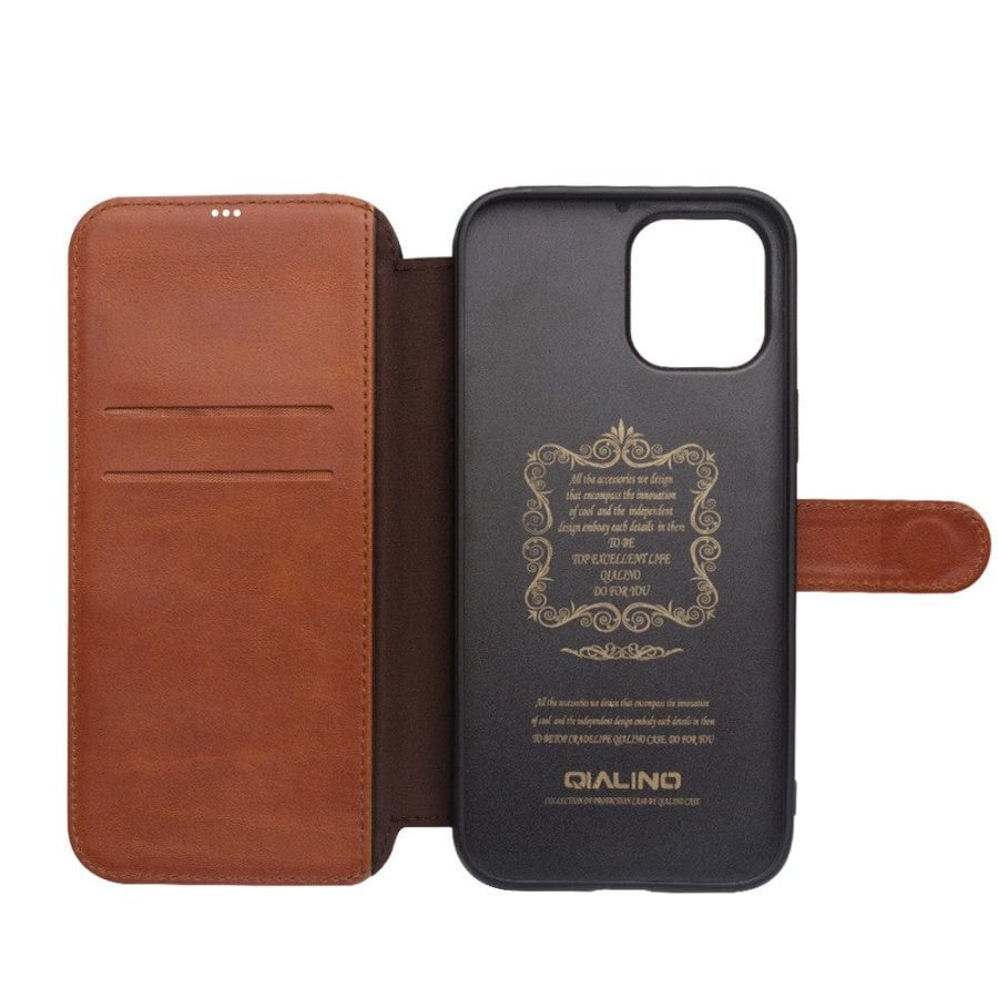 QIALINO For iPhone 12 Pro Max Cowhide Leather Case Wallet Stand Magnetic Clasp Phone Cover