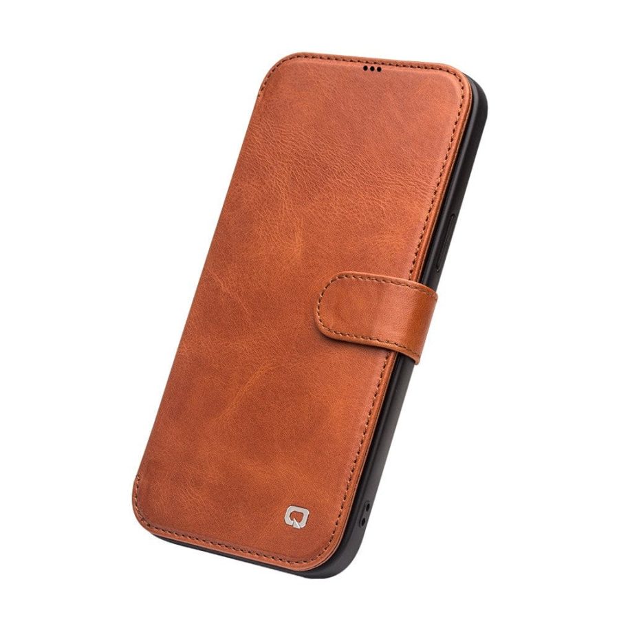 QIALINO For iPhone 12 Pro Max Cowhide Leather Case Wallet Stand Magnetic Clasp Phone Cover