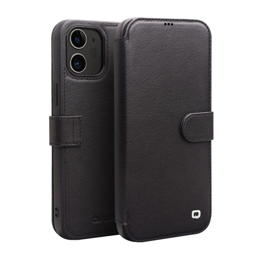 QIALINO for iPhone 12 Mini Business Style Magnetic Clasp Top Cowhide Leather Phone Cover