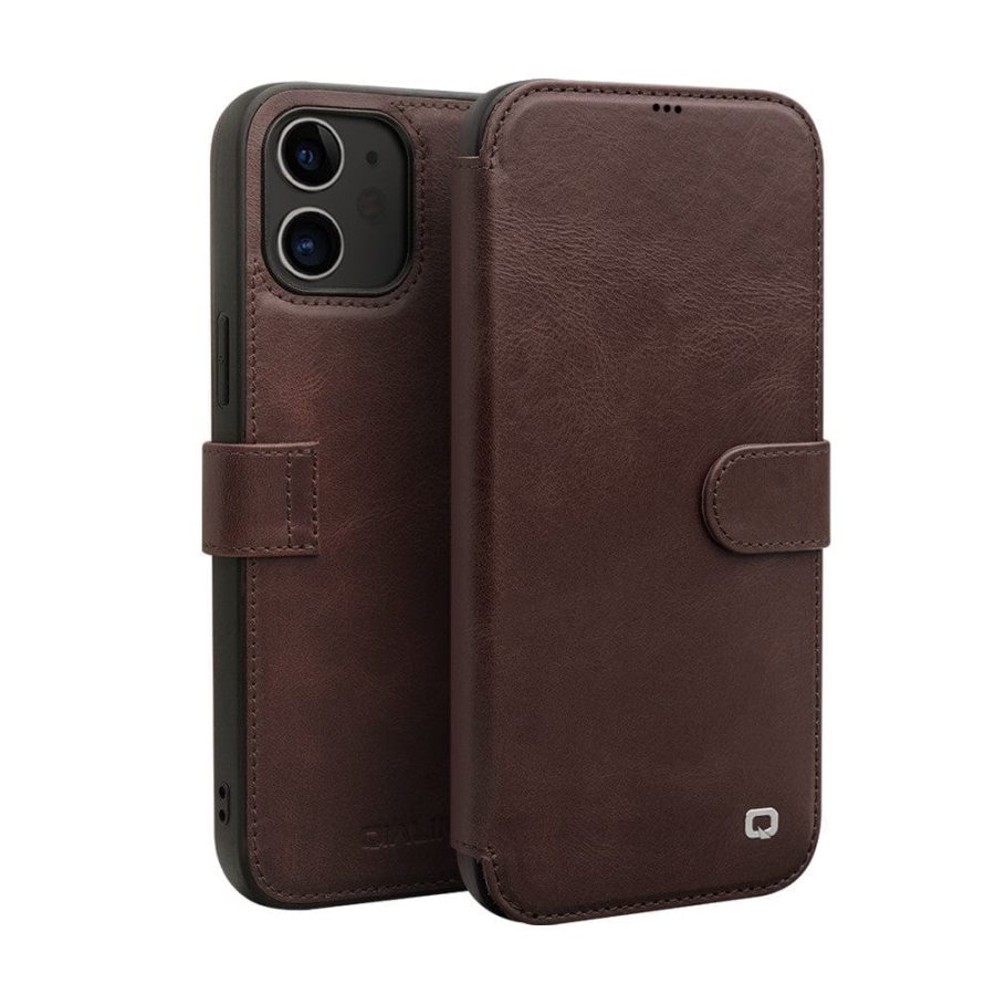 QIALINO for iPhone 12 Mini Business Style Magnetic Clasp Top Cowhide Leather Phone Cover