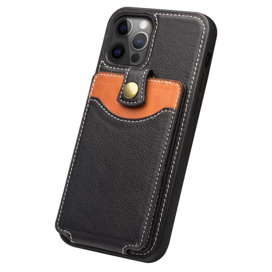 QIALINO for iPhone 12 Pro Max Case Business Style Card Slots Cowhide Leather Coated Phone Cover