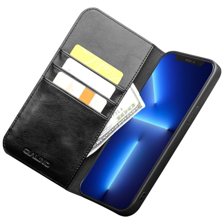 QIALINO For iPhone 13 Pro Case Genuine Cowhide Leather Stand Wallet Phone Cover