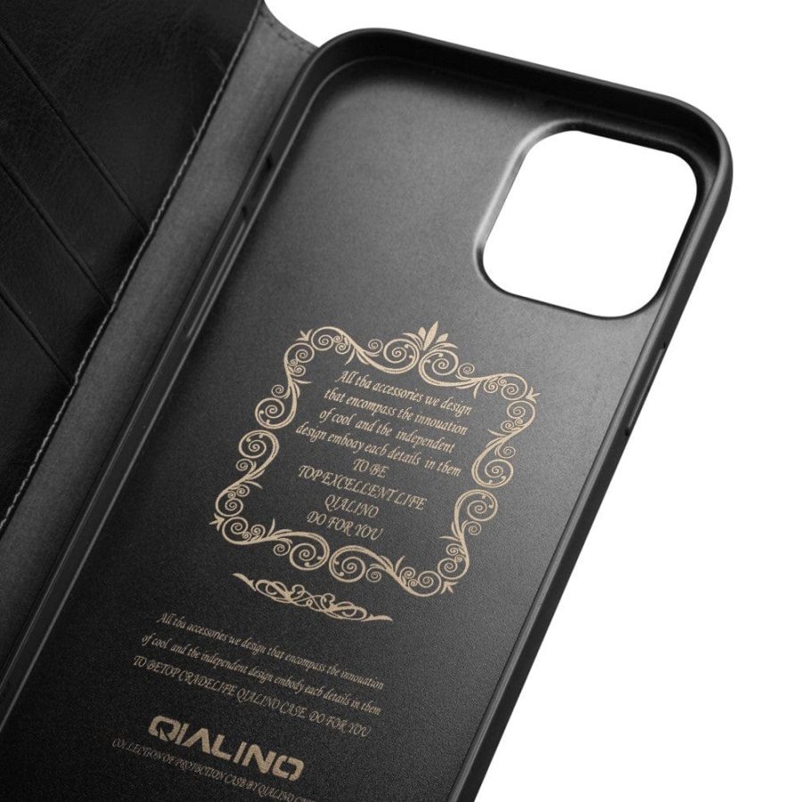QIALINO For iPhone 13 Pro Case Genuine Cowhide Leather Stand Wallet Phone Cover