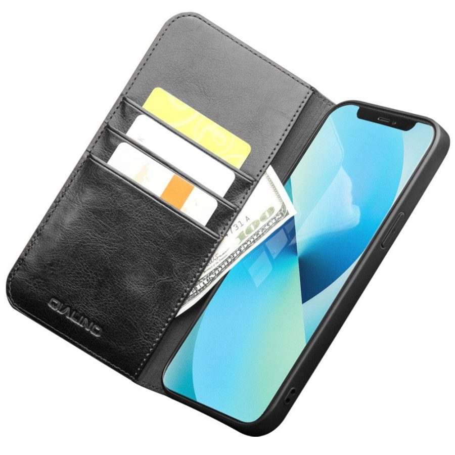 QIALINO For iPhone 13 Case Cowhide Leather Wallet Stand Phone Cover