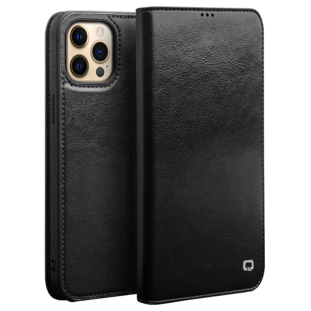 QIALINO for iPhone 13 Pro Max Case Top Layer Cowhide Leather Stand Wallet Phone Cover