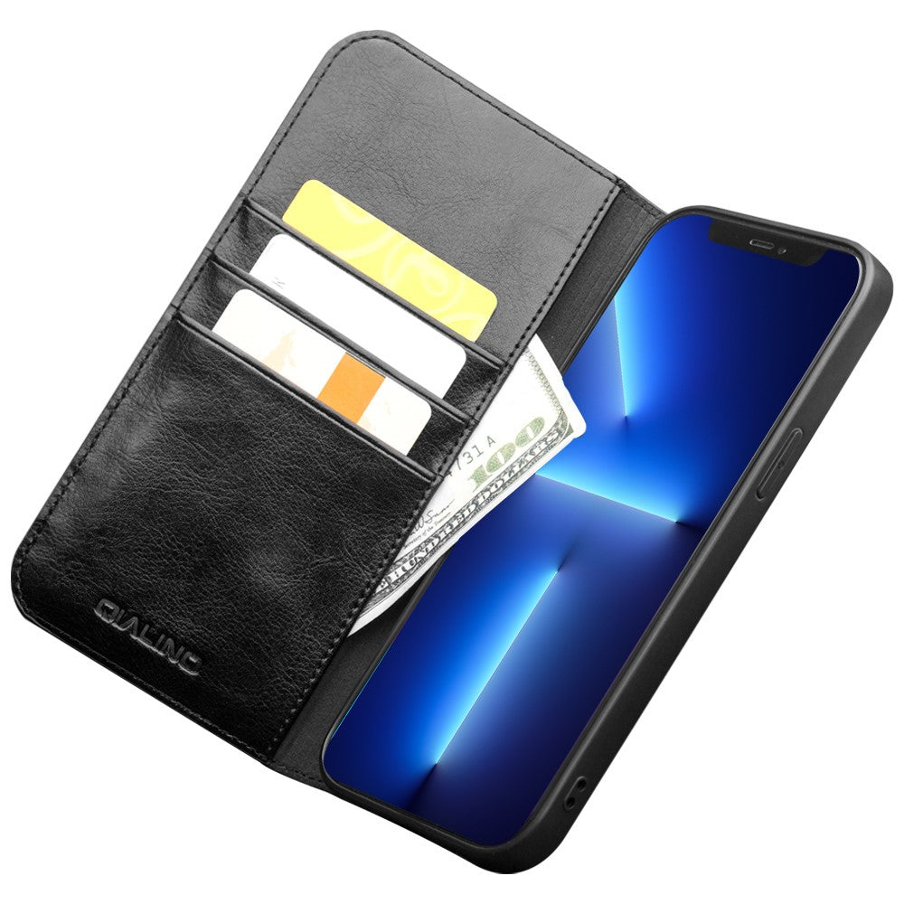 QIALINO for iPhone 13 Pro Max Case Top Layer Cowhide Leather Stand Wallet Phone Cover - Image 2