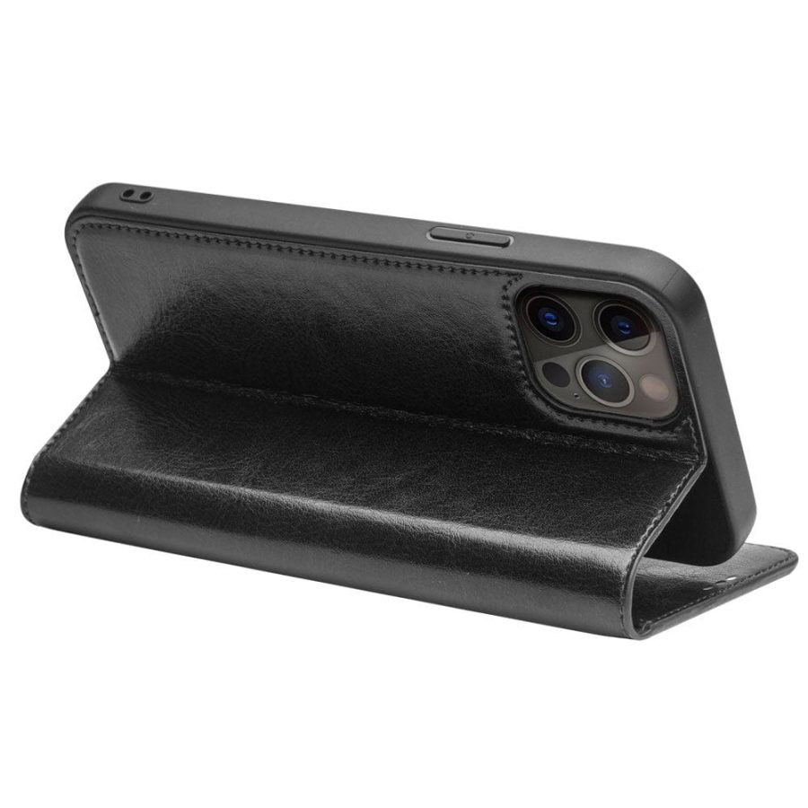 101129094A-3 QIALINO for iPhone 13 Pro Max Case Top Layer Cowhide Leather Stand Wallet Phone Cover