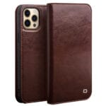 QIALINO for iPhone 13 Pro Max Case Top Layer Cowhide Leather Stand Wallet Phone Cover