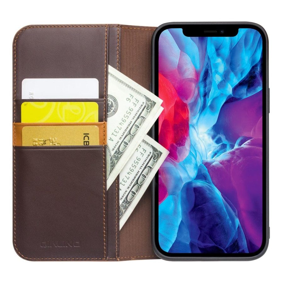 QIALINO for iPhone 13 Pro Case Folio Cowhide Leather Stand Wallet Phone Cover