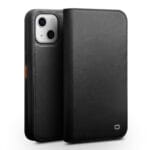 QIALINO for iPhone 13 Mini Case Top Layer Cowhide Leather Full Protection Stand Wallet Phone Cover