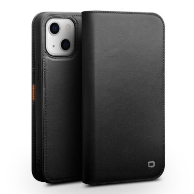 101129098A-1 QIALINO for iPhone 13 Mini Case Top Layer Cowhide Leather Full Protection Stand Wallet Phone Cover