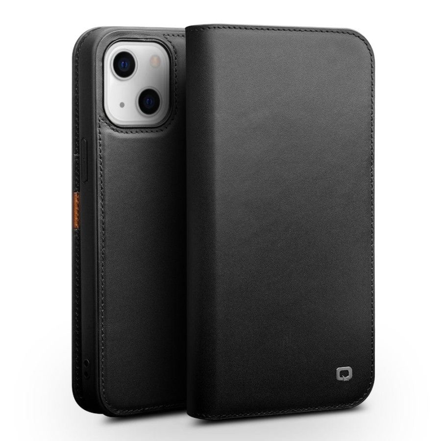 101129098A-1 QIALINO for iPhone 13 Mini Case Top Layer Cowhide Leather Full Protection Stand Wallet Phone Cover