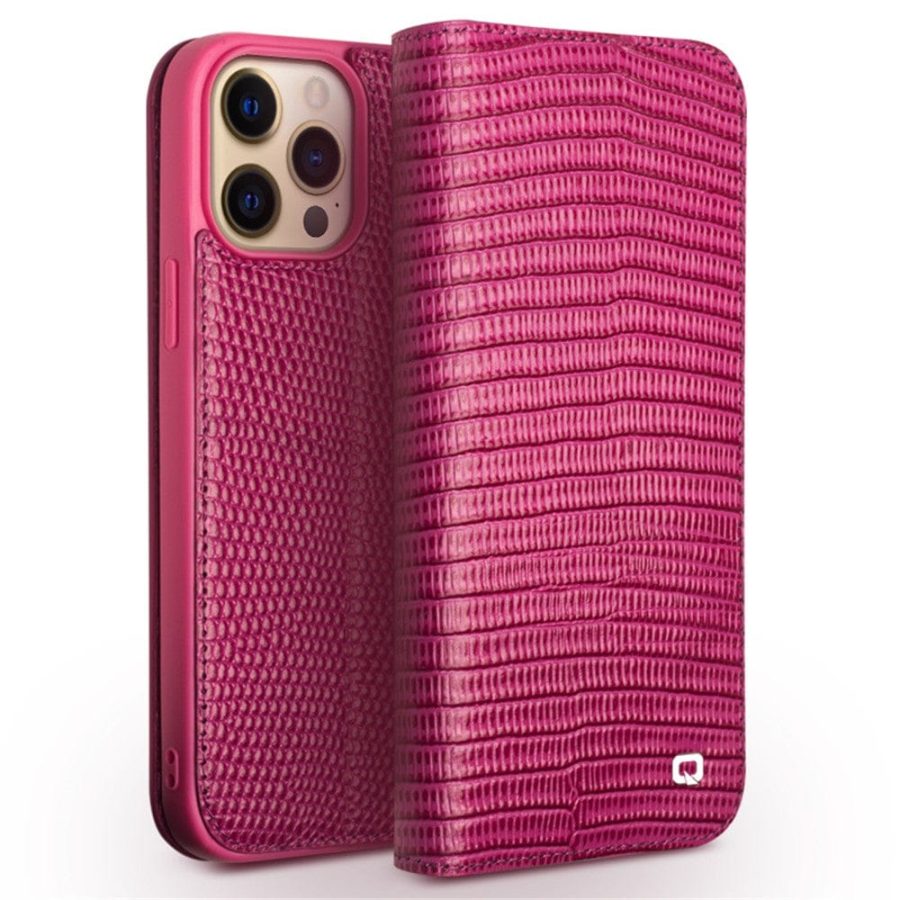 QIALINO for iPhone 13 Pro Case Scratch Resistant Wallet Stand Crocodile Texture Genuine Leather Anti-Shock Phone Cover