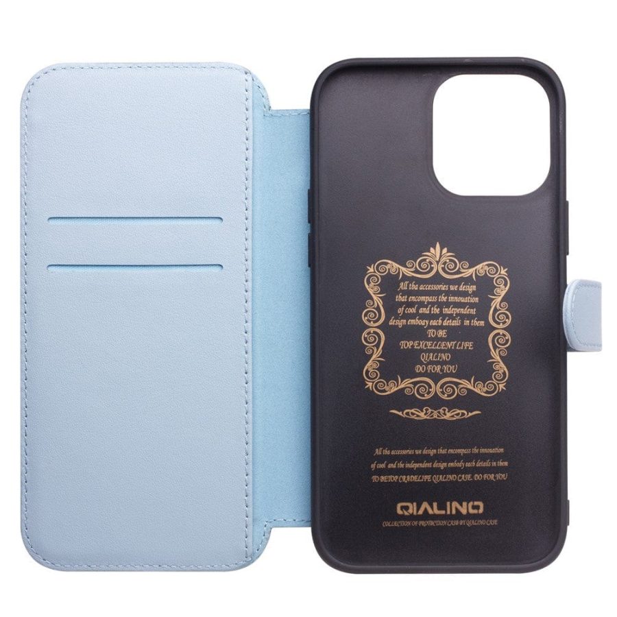QIALINO for iPhone 13 Case Business Style Genuine Cowhide Leather Wallet Phone Cover