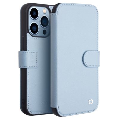QIALINO for iPhone 13 Pro Business Style Genuine Cowhide Leather Wallet Cover Magnetic Clasp Phone Case
