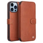 QIALINO for iPhone 13 Pro Business Style Genuine Cowhide Leather Wallet Cover Magnetic Clasp Phone Case
