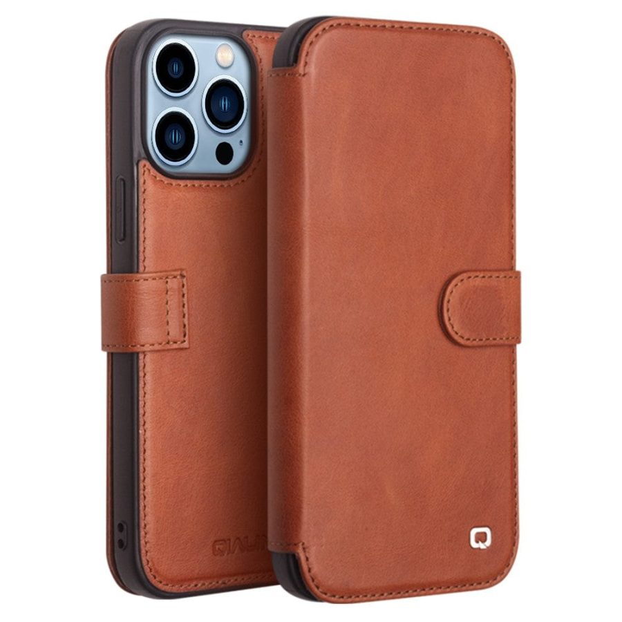 101131978C-1 QIALINO for iPhone 13 Pro Business Style Genuine Cowhide Leather Wallet Cover Magnetic Clasp Phone Case