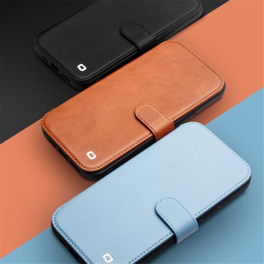 101131980A-7 QIALINO for iPhone 13 Mini Case Genuine Cowhide Leather Wallet Protective Phone Cover