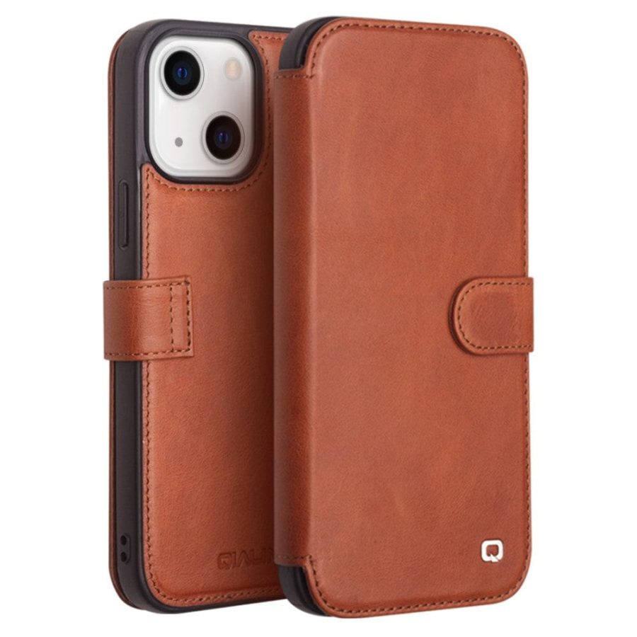 101131980C-1 QIALINO for iPhone 13 Mini Case Genuine Cowhide Leather Wallet Protective Phone Cover