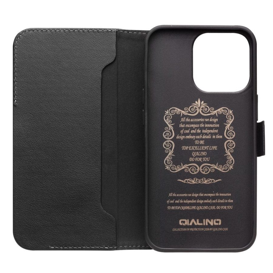 101132842A-5 QIALINO For iPhone 13 Pro Classic Cowhide Leather Case Wallet Stand Phone Cover