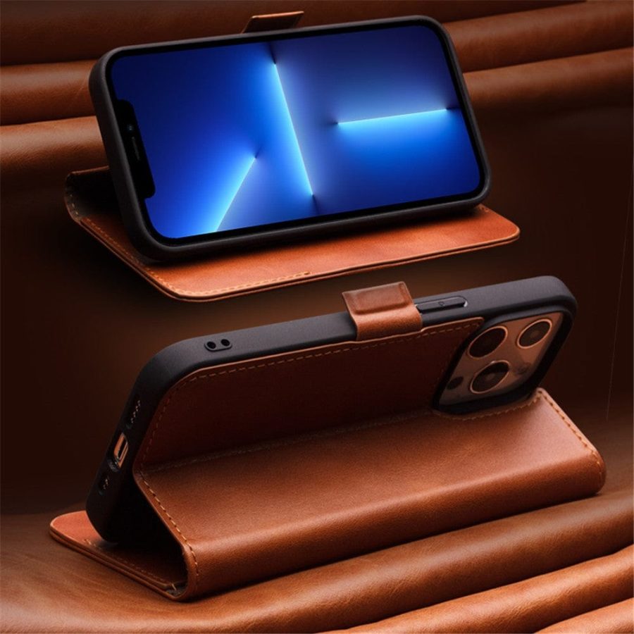QIALINO For iPhone 13 Classic Cowhide Leather Case Wallet Stand Phone Cover