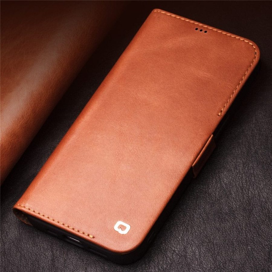101132998A-8 QIALINO for iPhone 12 Mini Case Magnetic Clasp Genuine Leather Wallet Stand Phone Cover