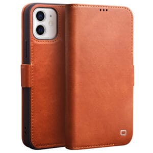 QIALINO for iPhone 12 Case Magnetic Clasp Genuine Leather Wallet Stand Phone Cover