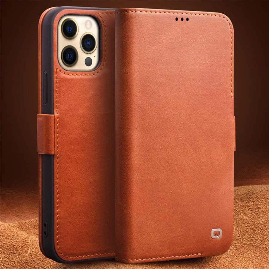 QIALINO for iPhone 12 Case Magnetic Clasp Genuine Leather Wallet Stand Phone Cover