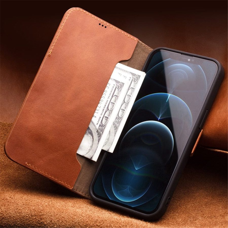QIALINO for iPhone 12 Case Magnetic Clasp Genuine Leather Wallet Stand Phone Cover