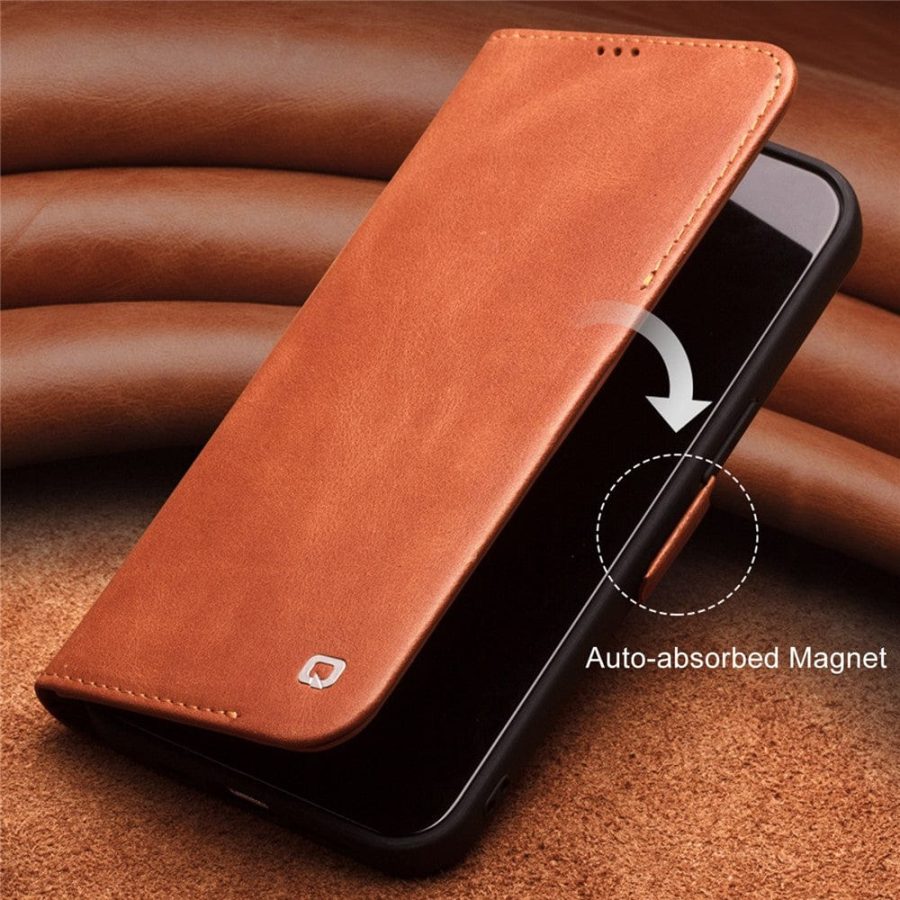QIALINO for iPhone 12 Case Magnetic Clasp Genuine Leather Wallet Stand Phone Cover
