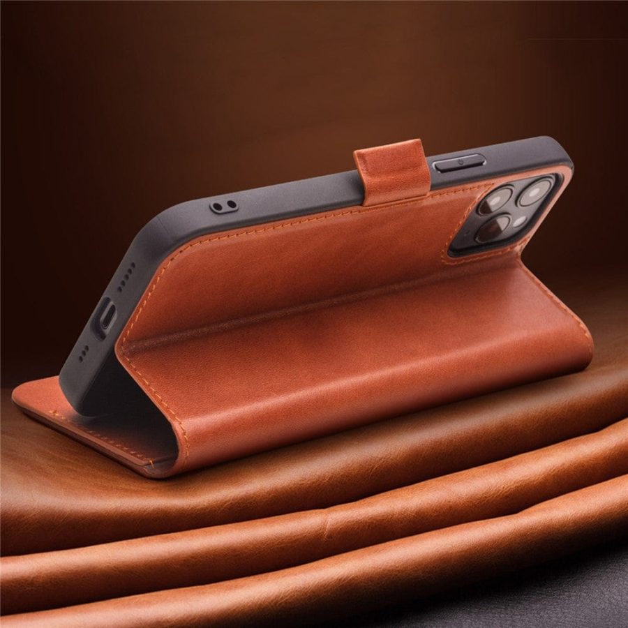 QIALINO for iPhone 12 Case Magnetic Clasp Genuine Leather Wallet Stand Phone Cover