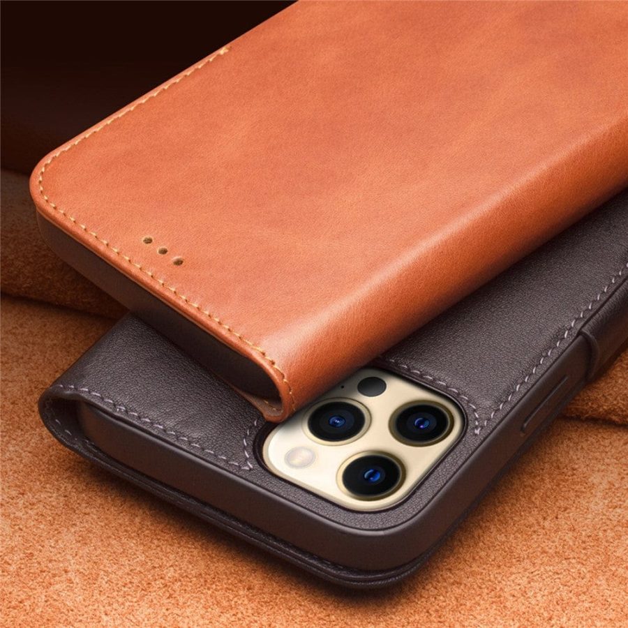 QIALINO for iPhone 12 Case Magnetic Clasp Genuine Leather Wallet Stand Phone Cover