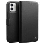 QIALINO for iPhone 12 Case Magnetic Clasp Genuine Leather Wallet Stand Phone Cover