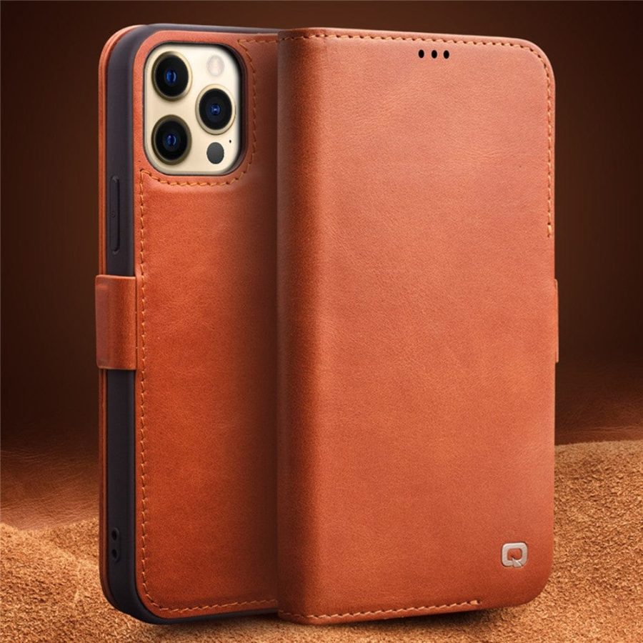 101133000A-2 QIALINO for iPhone 12 Pro Case Magnetic Clasp Genuine Leather Wallet Stand Phone Cover