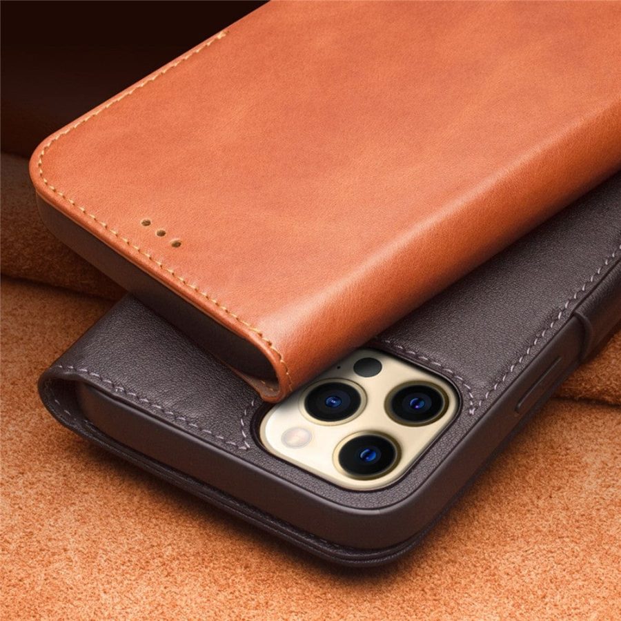 101133000A-7 QIALINO for iPhone 12 Pro Case Magnetic Clasp Genuine Leather Wallet Stand Phone Cover