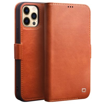 QIALINO for iPhone 12 Pro Max Case Magnetic Clasp Genuine Leather Wallet Stand Phone Cover