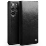 QIALINO For Samsung Galaxy S22 Ultra Wallet Case Waxy Genuine Leather Flip Phone Cover